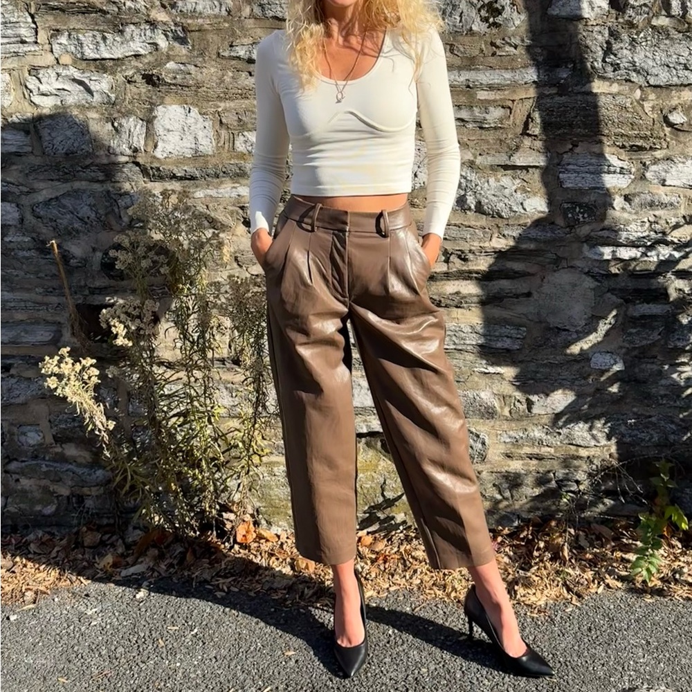 Wilfred Aritzia Vegan Leather Pleated Trouser Pants‎ in Chocolate Brown Size 00